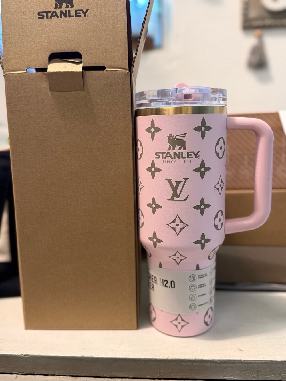Brand new Stanley Pink Travel Mug with Gold Monogram Accents - Picture 2 of 3